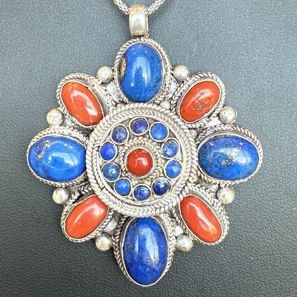 Sterling Silver Lapis Coral Jasper Bali Style Ghau Box Poison Locket Necklace - Picture 3 of 9